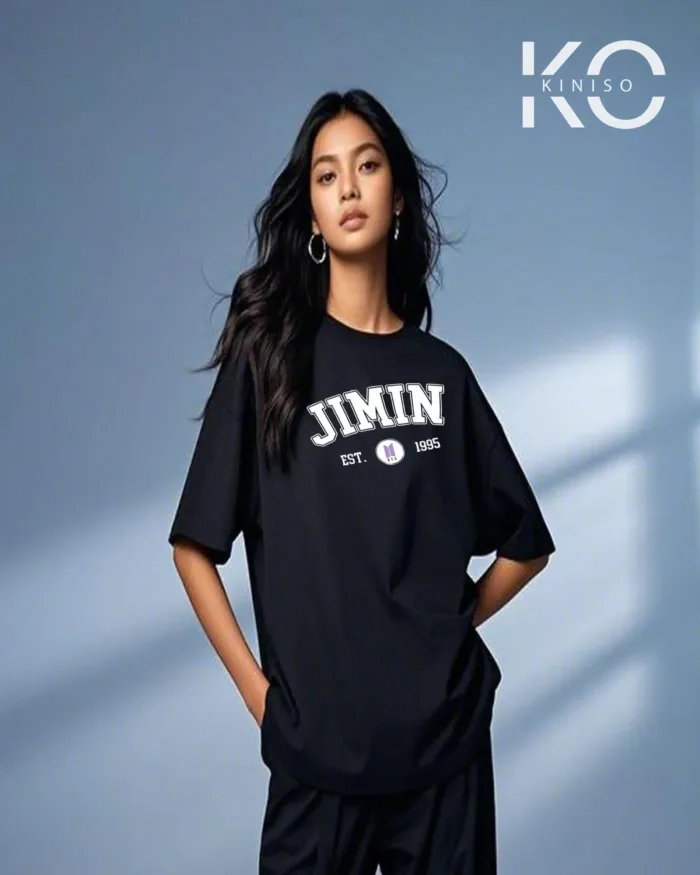 Image of JIMIN EST 1995 Printed Black color drop shoulder t-shirt for k-pop fan girls in Bangladesh by Kiniso