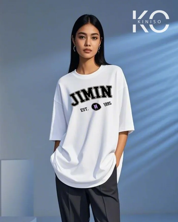 Image of JIMIN EST 1995 Printed White color drop shoulder t-shirt for k-pop fan girls in Bangladesh by Kiniso