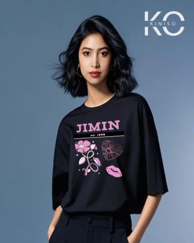 Image of Jimin It Printed Black color drop shoulder t-shirt for k-pop fan girls in Bangladesh by Kiniso