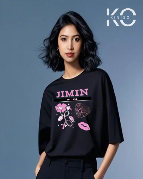 Image of Jimin It Printed Black color drop shoulder t-shirt for k-pop fan girls in Bangladesh by Kiniso