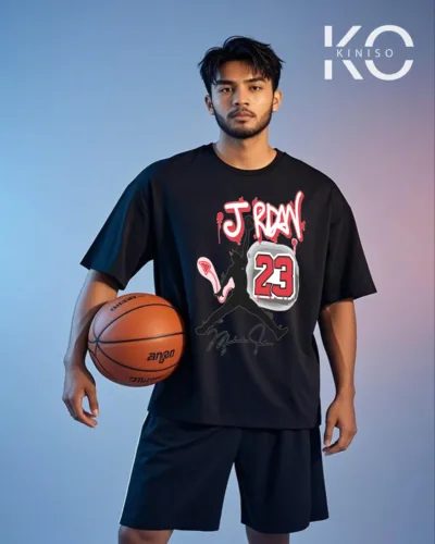 Image of Kiniso Black Color Drop Shoulder NBA Themed T-Shirt with Jordan 23 Signature Print For Basketball lovers in Bangladesh