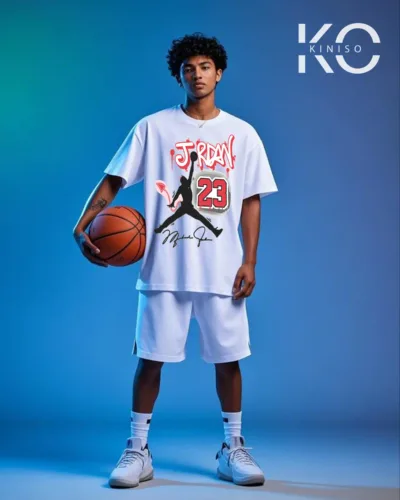 Image of Kiniso White Color Drop Shoulder NBA Themed T-Shirt with Jordan 23 Signature Print For Basketball lovers in Bangladesh