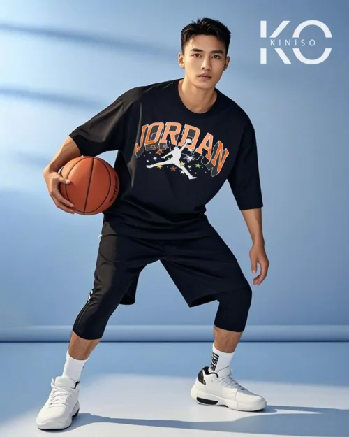 Image of Kiniso Black Color Drop Shoulder NBA Themed T-Shirt with Jordan Stars Print For Basketball lovers in Bangladesh