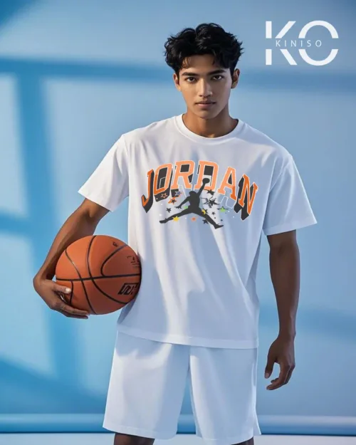 Image of Kiniso White Color Drop Shoulder NBA Themed T-Shirt with Jordan Stars Print For Basketball lovers in Bangladesh