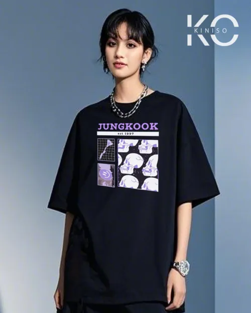 Image of Jungkook Printed Black color drop shoulder t-shirt for k-pop fan girls in Bangladesh by Kiniso