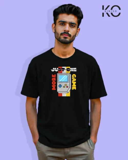 image of Gaming inspired black color Drop Shoulder t-shirt with Just one more game design for gamer in Bangladesh