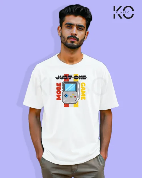 image of Gaming inspired white color Drop Shoulder t-shirt with Just one more game design for gamer in Bangladesh