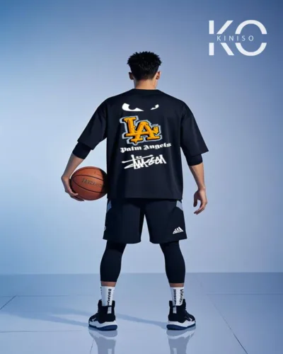 Image of Kiniso Black Color Drop Shoulder NBA Themed T-Shirt with LA Palm Angels Print For Basketball lovers in Bangladesh