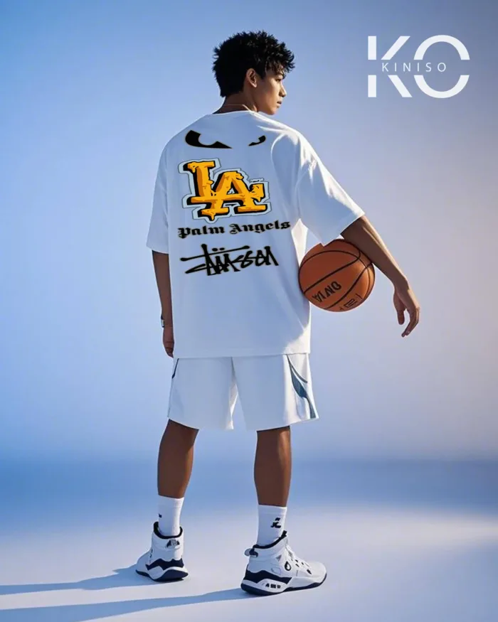 Image of Kiniso White Color Drop Shoulder NBA Themed T-Shirt with LA Palm Angels Print For Basketball lovers in Bangladesh