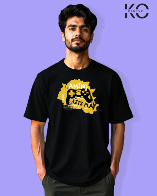 image of Gaming inspired black color Drop Shoulder t-shirt with Lets Play design for gamer in Bangladesh