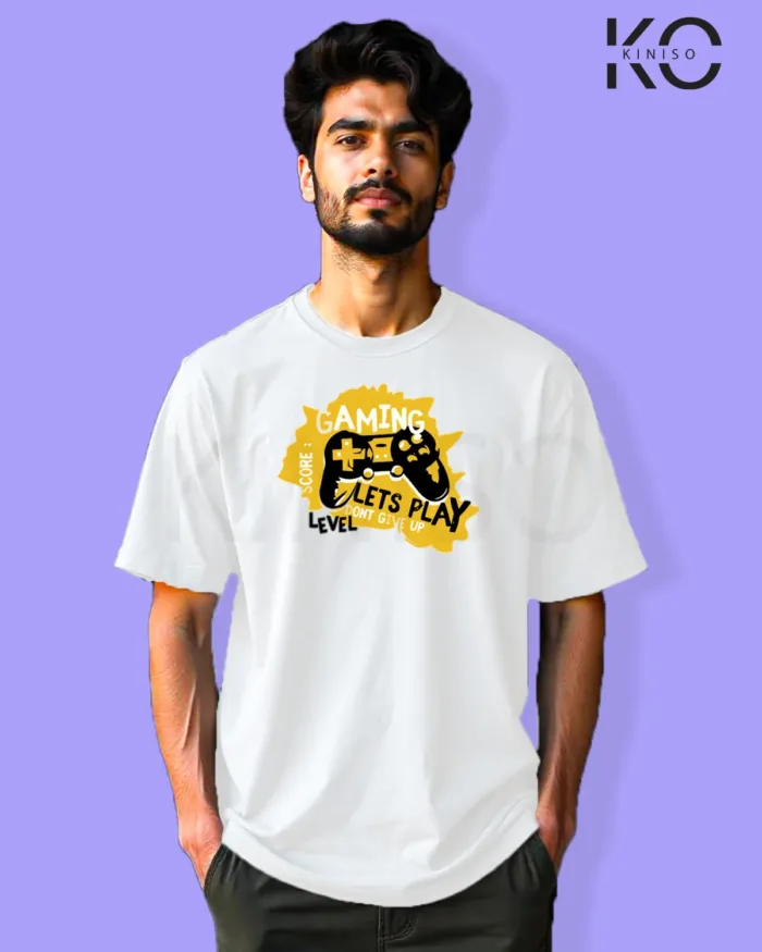 image of Gaming inspired white color Drop Shoulder t-shirt with Lets Play design for gamer in Bangladesh