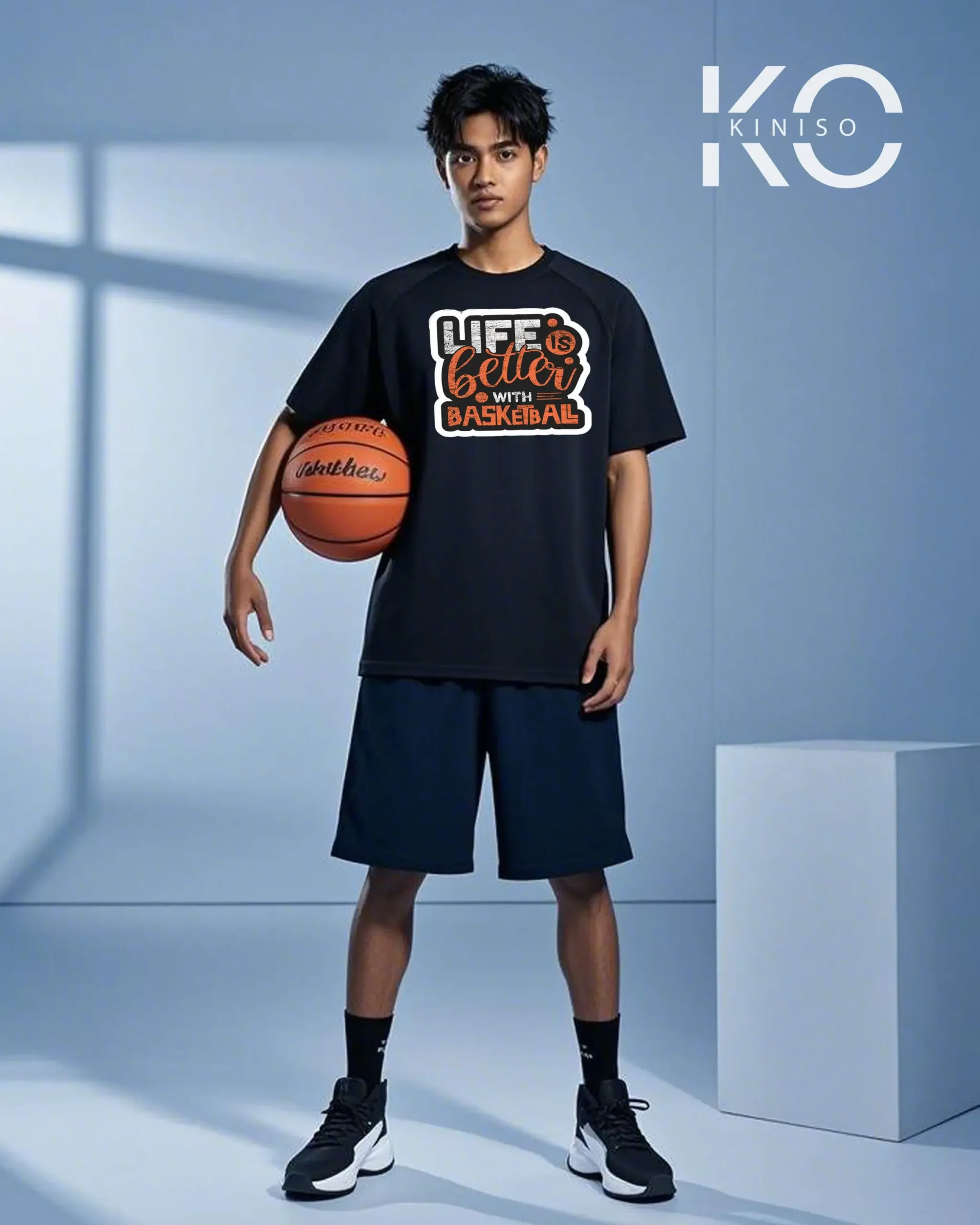 Image of Kiniso Black Color Drop Shoulder NBA Themed T-Shirt with Life is Better with Basketball Print For Basketball lovers in Bangladesh