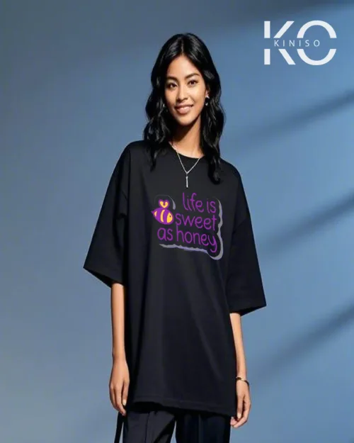 Image of Life is Sweet Printed Black color drop shoulder t-shirt for k-pop fan girls in Bangladesh by Kiniso