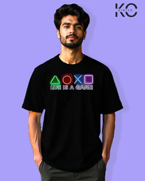 image of Gaming inspired black color Drop Shoulder t-shirt with Life is a Game design for gamer in Bangladesh