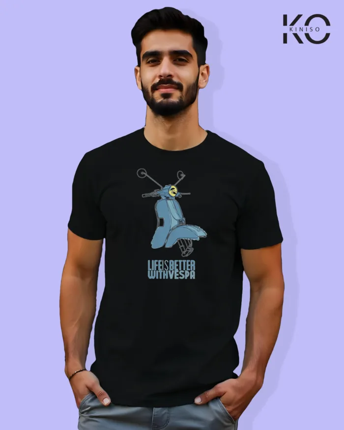 Image of Black Color Motorcycle t-shirts featuring graphics of Life is better with vespa for bike riders & adventure seekers