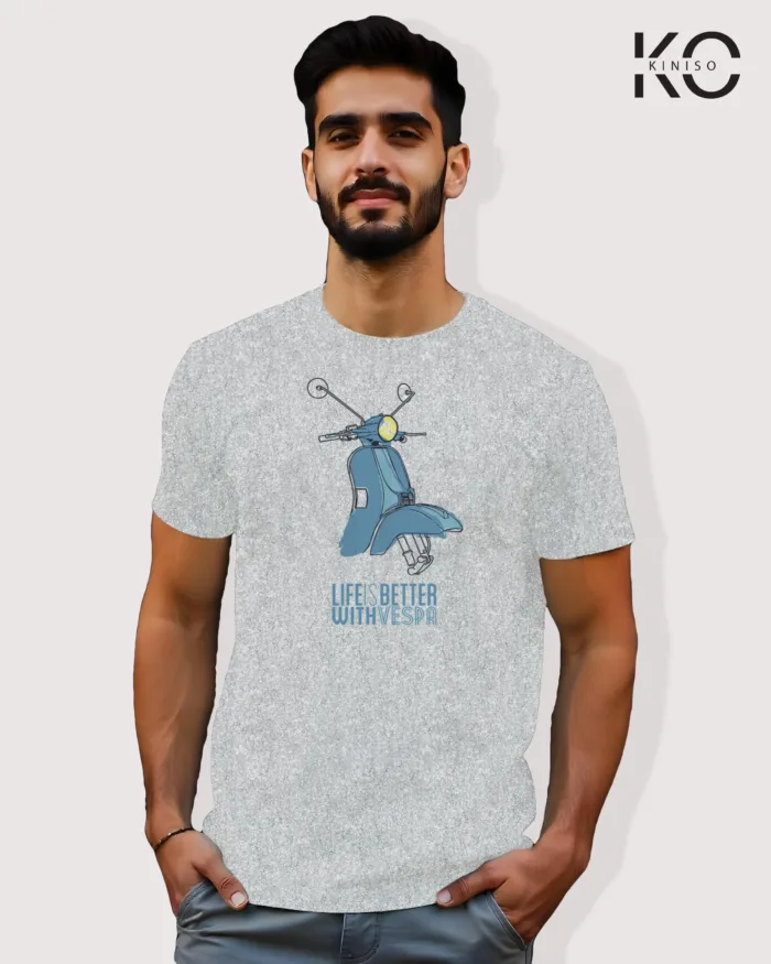Image of Light Grey Color Motorcycle t-shirts featuring graphics of Life is better with vespa for bike riders & adventure seekers