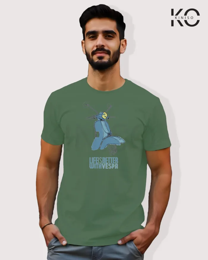 Image of Pastel Green Color Motorcycle t-shirts featuring graphics of Life is better with vespa for bike riders & adventure seekers