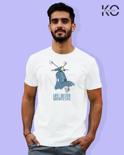 Image of White Color Motorcycle t-shirts featuring graphics of Life is better with vespa for bike riders & adventure seekers