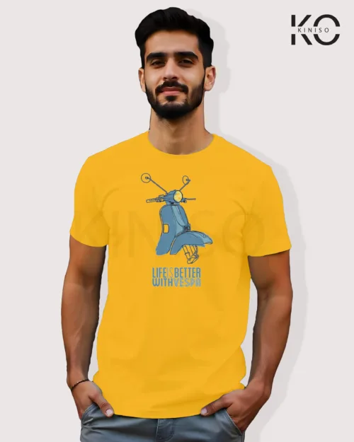 Image of Yellow Color Motorcycle t-shirts featuring graphics of Life is better with vespa for bike riders & adventure seekers