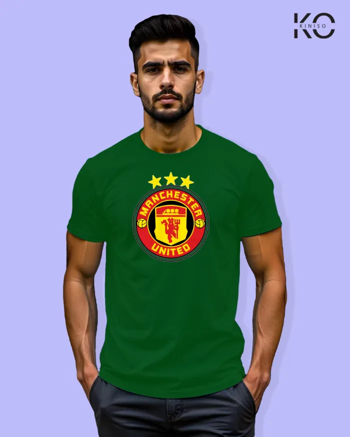 Image of Football inspired design half sleeve t-shirt | Man United Logo Bottle Green