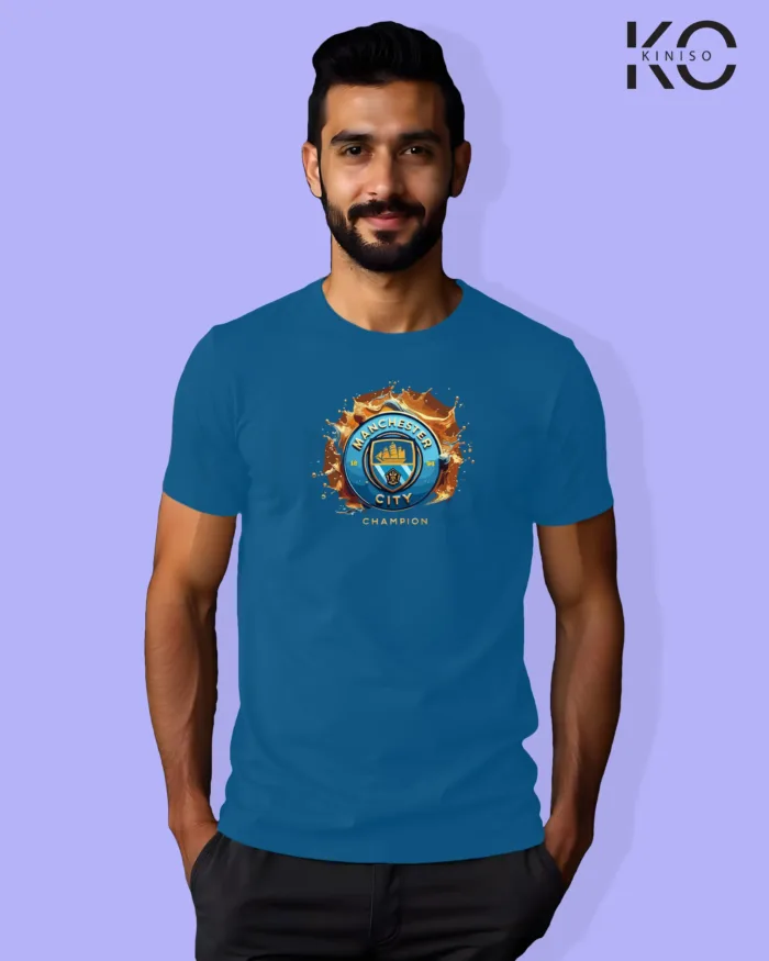 Image of Football inspired design half sleeve t-shirt | Mancity Logo Blue