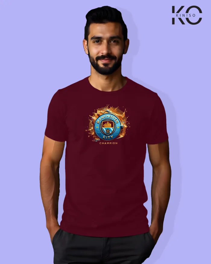 Image of Football inspired design half sleeve t-shirt | Mancity Logo Maroon