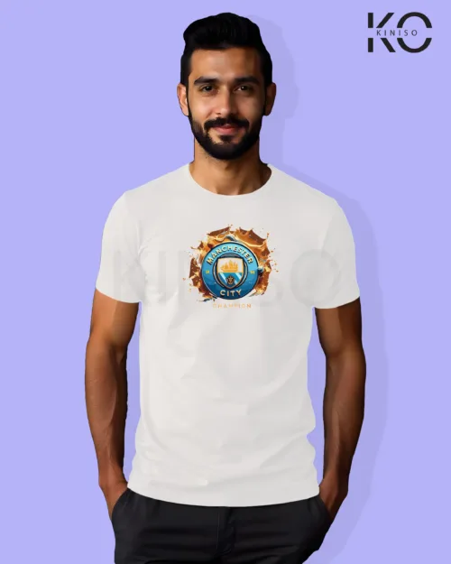 Image of Football inspired design half sleeve t-shirt | Mancity Logo White