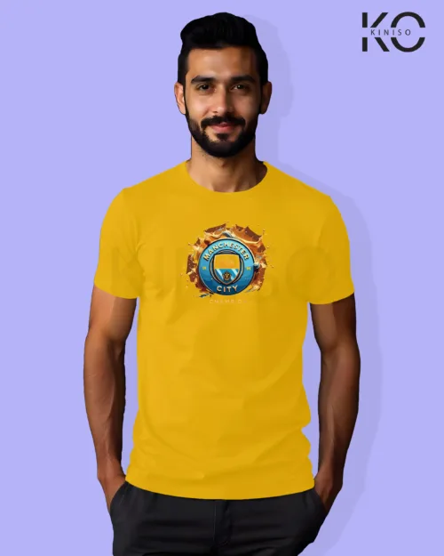 Image of Football inspired design half sleeve t-shirt | Mancity Logo Yellow