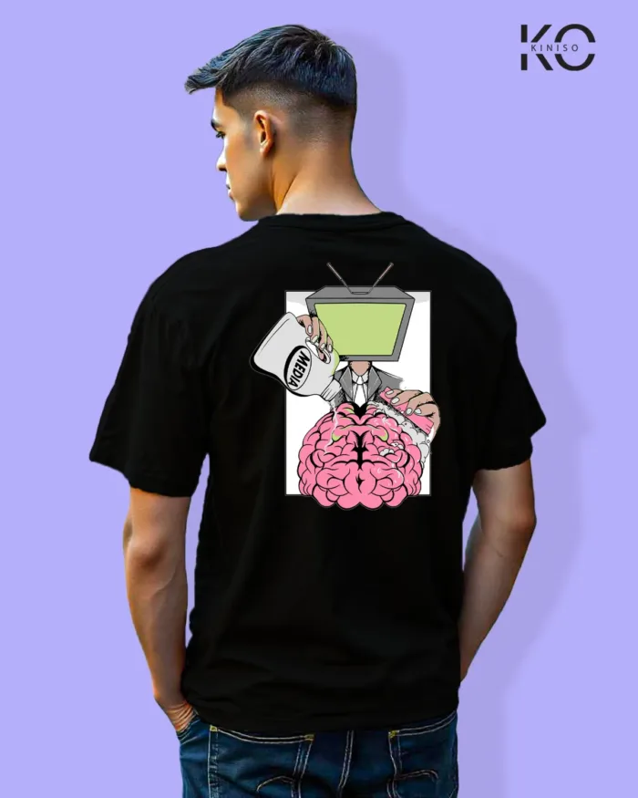 Image of Graffiti inspired design black color Drop Shoulder t-shirt with Media brainwash that print for hip hop lovers