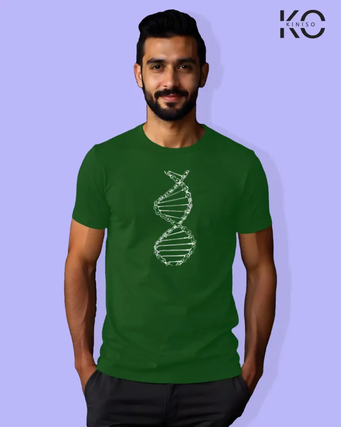 Image of Bottle Green Blue Color Motorcycle t-shirts featuring graphics of DNA Chain for bike riders & adventure seekers