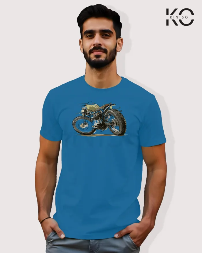 Image of Ocean Blue Color Motorcycle t-shirts featuring graphics of Motorbike Tree for bike riders & adventure seekers