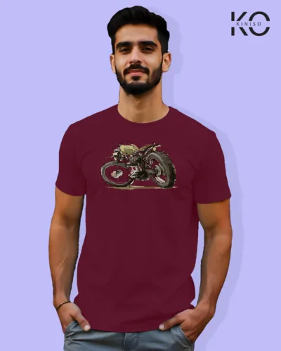 Image of Maroon Color Motorcycle t-shirts featuring graphics of Motorbike Tree for bike riders & adventure seekers