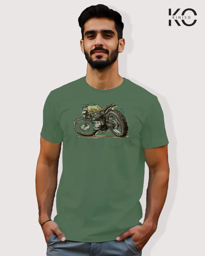 Image of Pastel Green Color Motorcycle t-shirts featuring graphics of Motorbike Tree for bike riders & adventure seekers