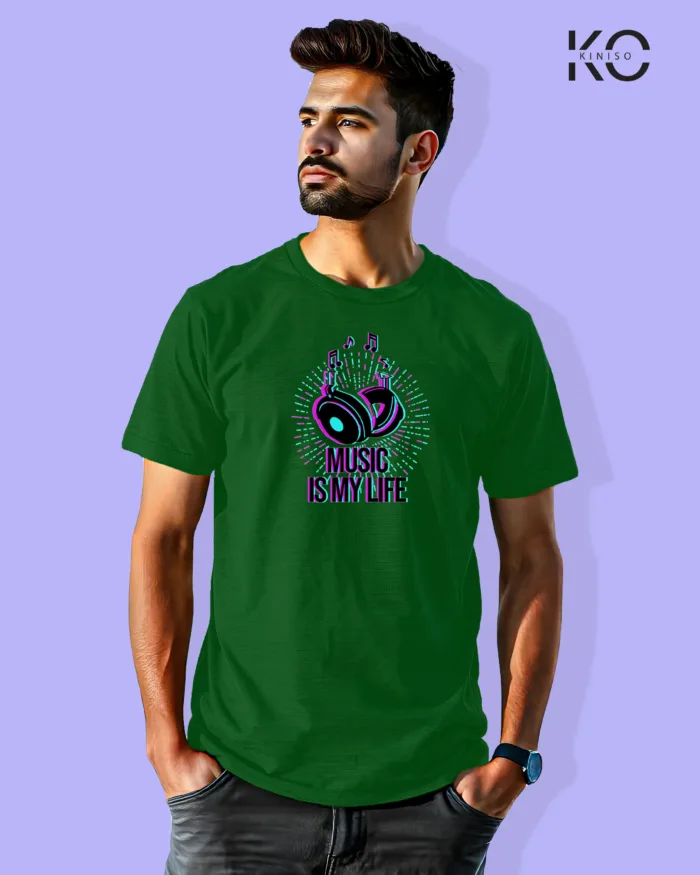 Image of Music inspired design Half Sleeve t-shirt | Music is my Life Bottle Green