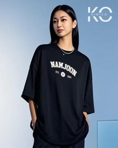 image of Namjoon EST 1994 Printed black color drop shoulder t-shirt for k-pop fan girls in Bangladesh by Kiniso