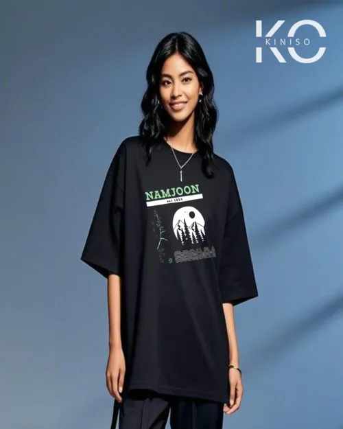 Image of Namjoon Moon Night Printed Black color drop shoulder t-shirt for k-pop fan girls in Bangladesh by Kiniso