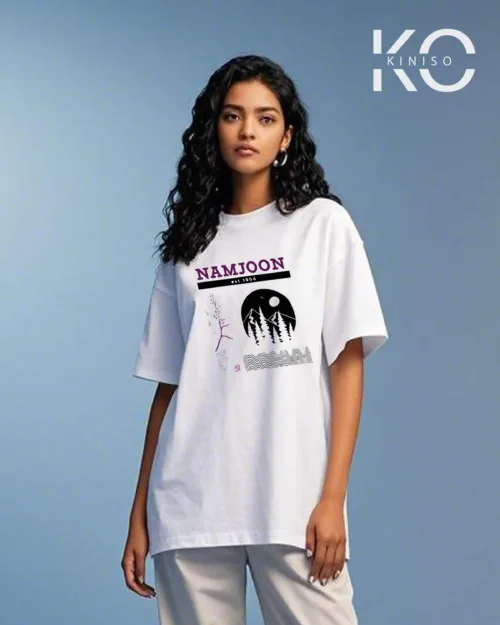 Image of Namjoon Moon Night Printed White color drop shoulder t-shirt for k-pop fan girls in Bangladesh by Kiniso