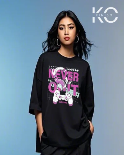 Image of Never Quit Printed Black color Graffiti designed drop shoulder t-shirt for hip hop fan girls in Bangladesh by Kiniso