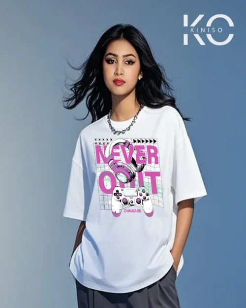 Image of Never Quit Printed white color Graffiti designed drop shoulder t-shirt for hip hop fan girls in Bangladesh by Kiniso