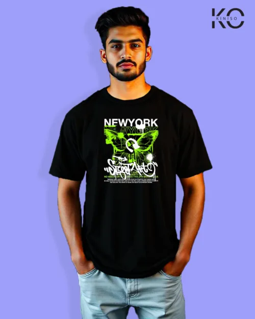 Image of Graffiti inspired design black color Drop Shoulder t-shirt with New York that print for hip hop lovers