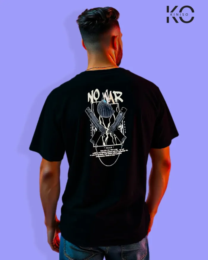 Image of Graffiti inspired design black color Drop Shoulder t-shirt with No War Backside that print for hip hop lovers