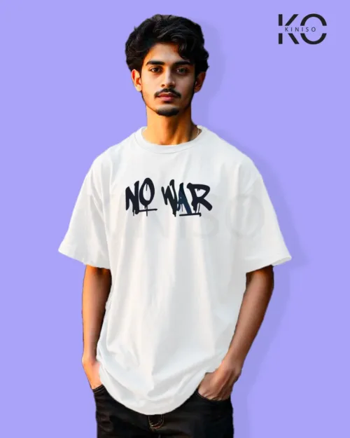 Image of Graffiti inspired design white color Drop Shoulder t-shirt with No War Backside that print for hip hop lovers