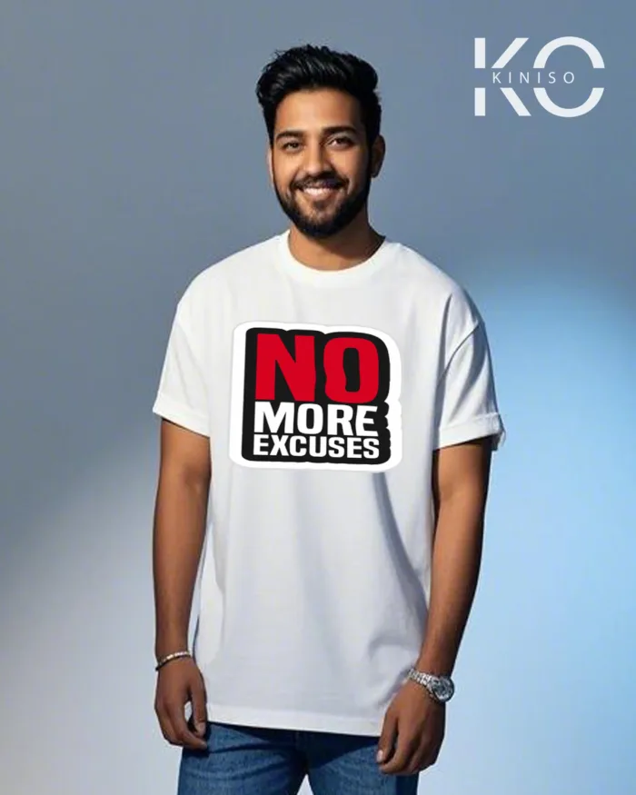 Image of Kiniso GYM themed white color drop shoulder t-shirt with No more Excuse printed for fitness freak Bangladeshis