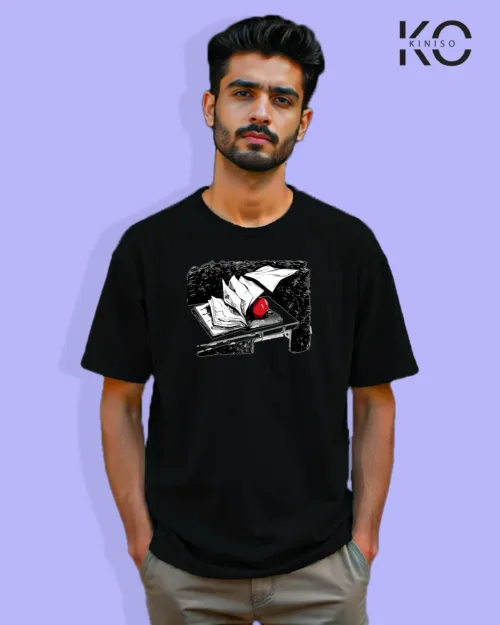 Image of Anime inspired design Drop-shoulder t-shirt | Note Book and Apple Black