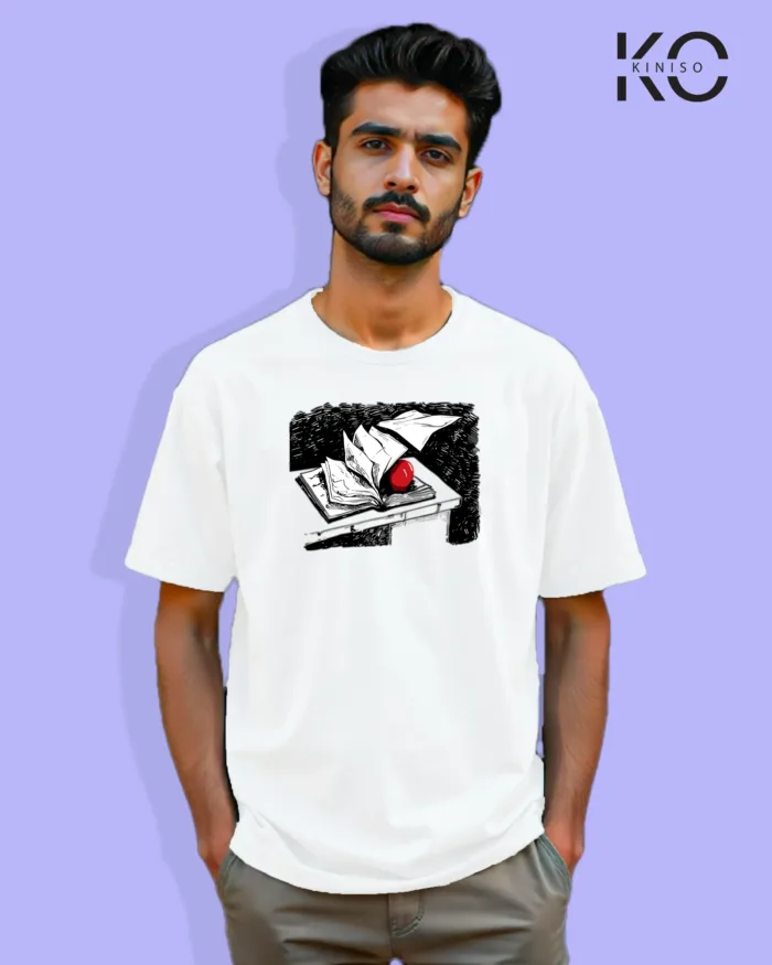 Image of Anime inspired design Drop-shoulder t-shirt | Note Book and Apple White