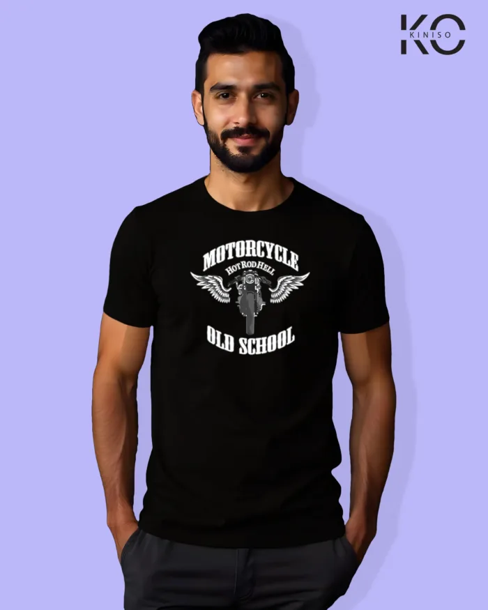 Image of Black Color Motorcycle t-shirts featuring graphics of Old School for bike riders & adventure seekers