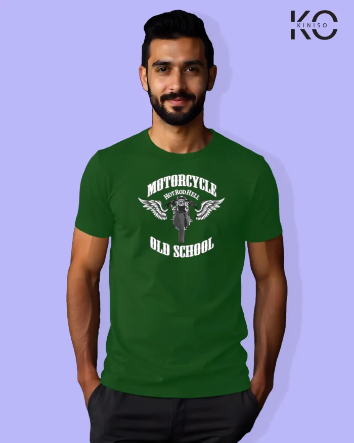 Image of Bottle Green Color Motorcycle t-shirts featuring graphics of Old School for bike riders & adventure seekers