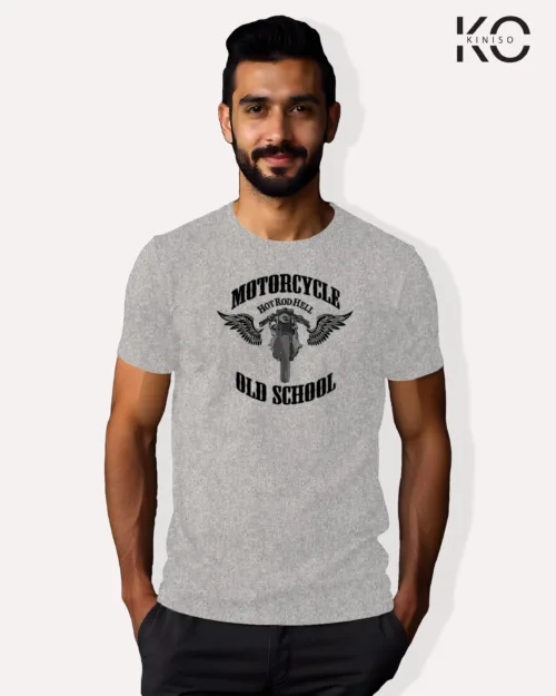 Image of Light Grey Color Motorcycle t-shirts featuring graphics of Old School for bike riders & adventure seekers