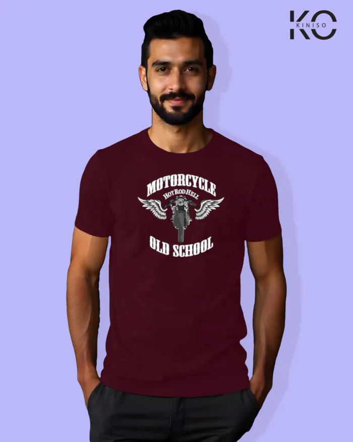 Image of Maroon Color Motorcycle t-shirts featuring graphics of Old School for bike riders & adventure seekers