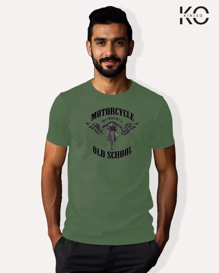 Image of Pastel Green Color Motorcycle t-shirts featuring graphics of Old School for bike riders & adventure seekers
